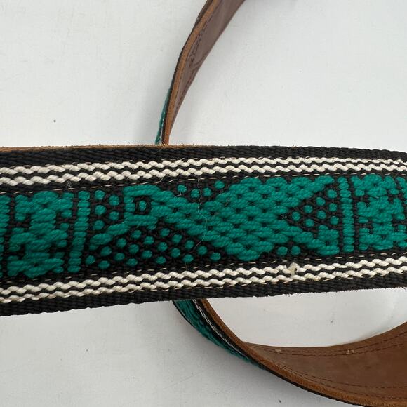 Handmade Leather Belt Woven Tribal Animal Motifs Green Tan - Picture 7 of 8